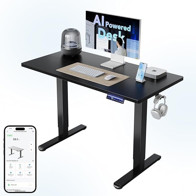 HUANUO 48 inch Electric Standing Desk with Smart APP, Alexa & Google Voice Control, Wi-Fi, Adjustable Height, 6 Memory Settings, Sedentary Reminder, Posture & Neck Care, Sit-Stand Desk, Black