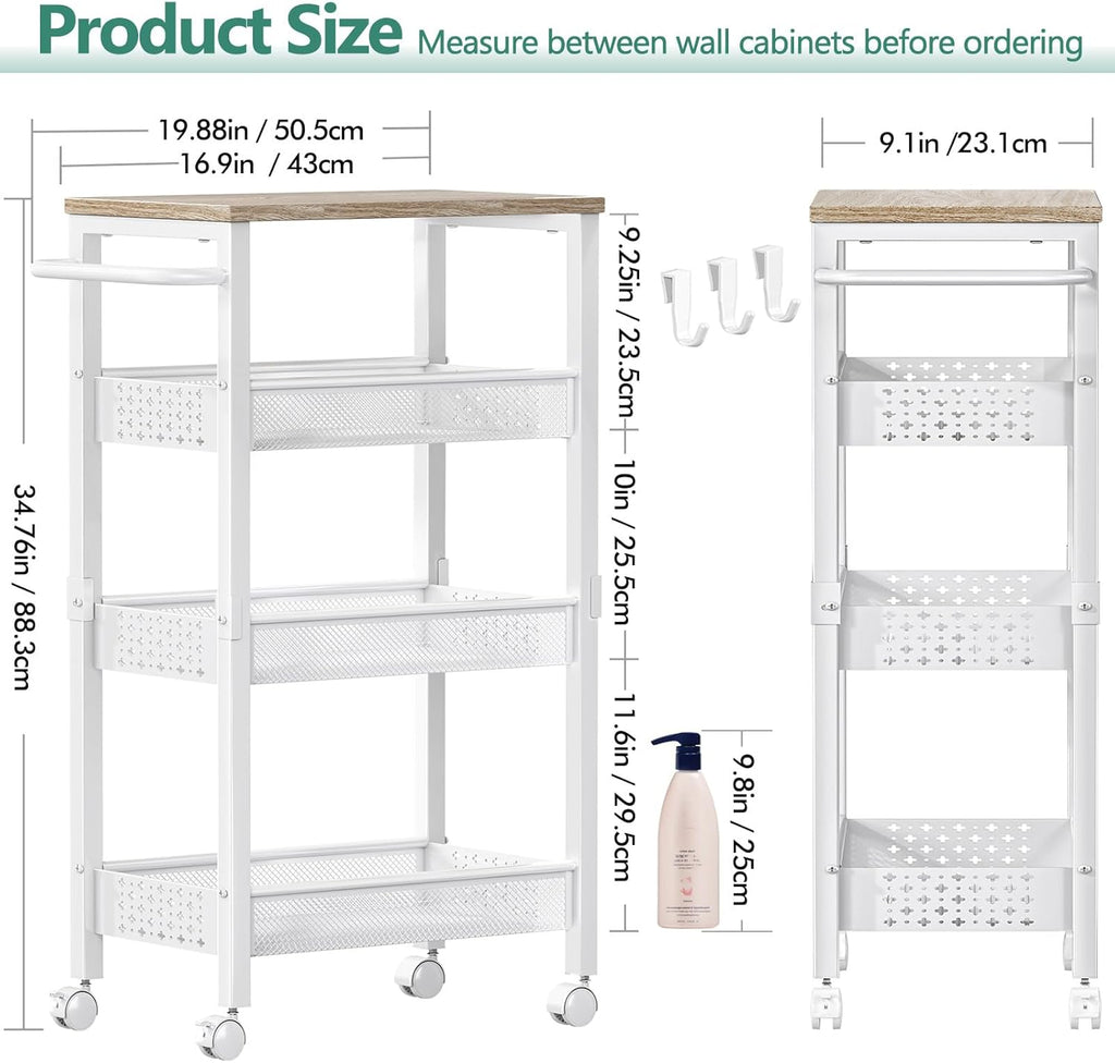 Utility Slim Storage Cart with Wheels, 4 Tier Small Rolling Cart with Wood Top, Metal Kitchen Bathroom Laundry Room Organization Trolley with Handle for Narrow Space - White