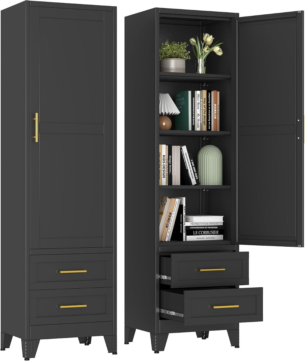67" Tall Narrow Metal Storage Cabinet, Freestanding Pantry Organizer, Bl...