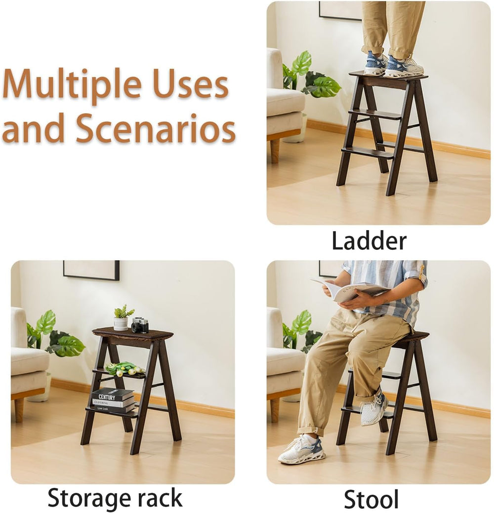Latifolia Foldable 3 Step Ladder, Bamboo Step Stool with Floor Saver, Decorat...