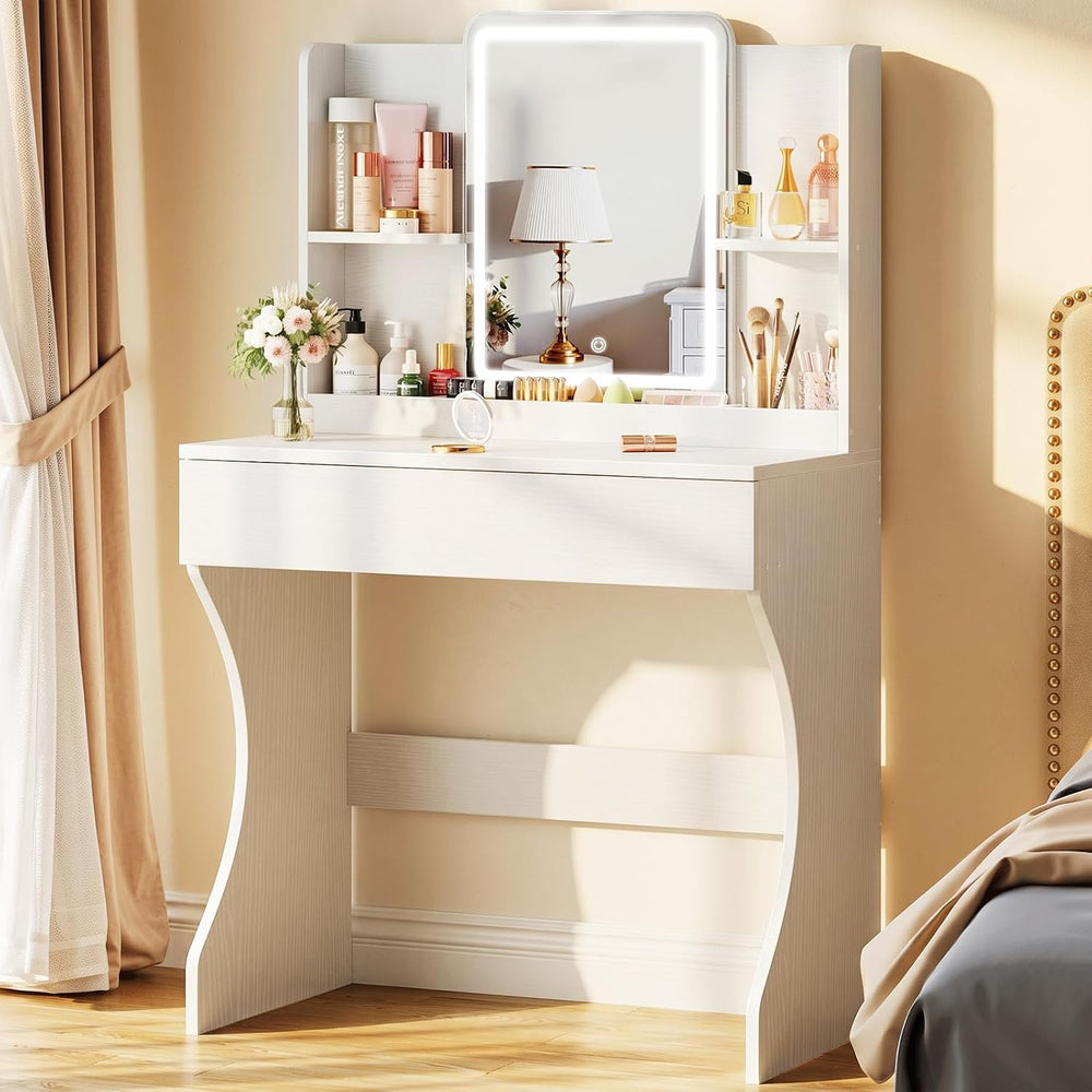 Driftalia White Small Vanity Desk with Mirror and 3 Color Adjustable Lights |...
