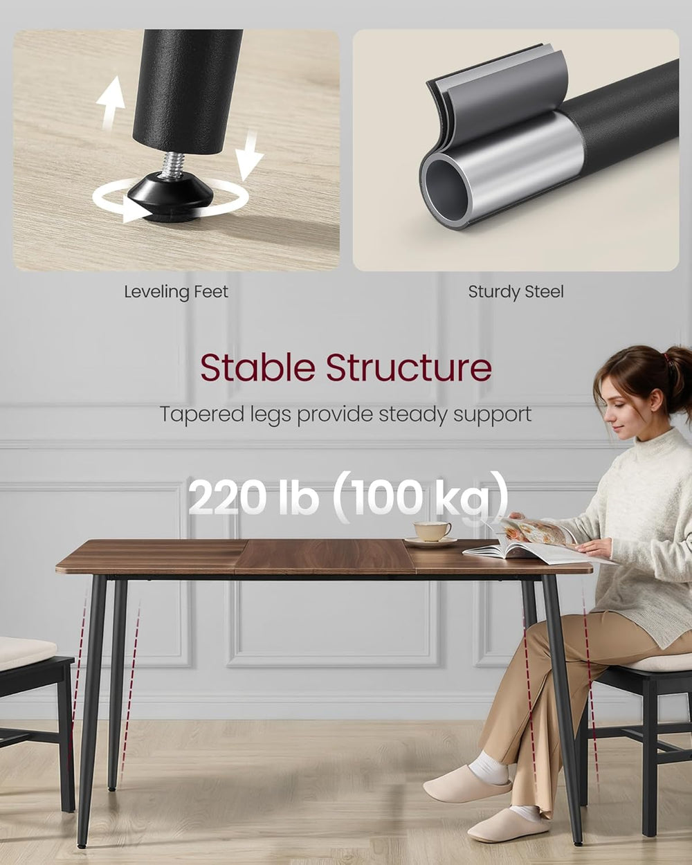 VASAGLE 55.1" Dining Table for 4-6 People, Modern Kitchen Table, Heat-Re...