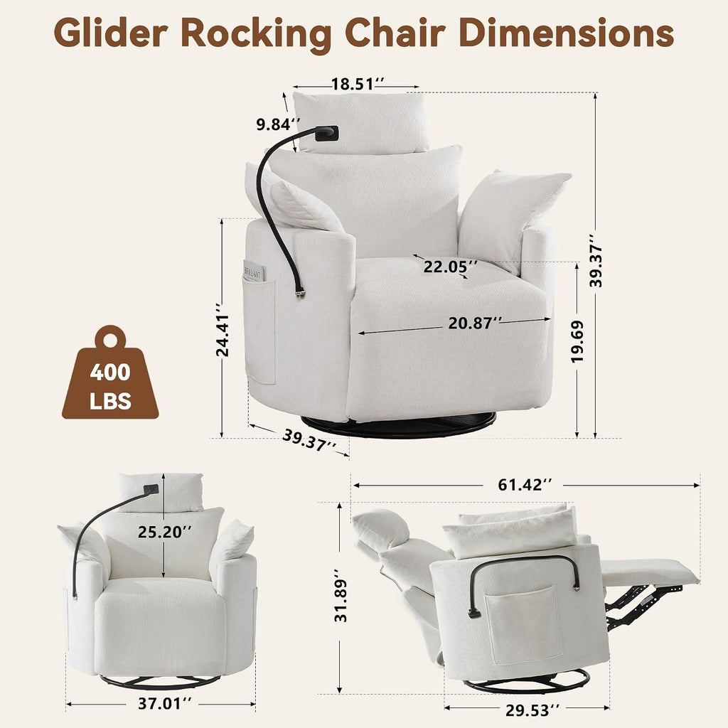 FOXHUNTER 360° Swivel Manual Nursery Rocking Glider Chairs, Chenille White | 30° Rocking Mode, with USB Charging Port and Phone Holder,Adjustable Headrest,2 Cushions, 2 Side Pockets, Footrest
