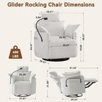 FOXHUNTER 360° Swivel Manual Nursery Rocking Glider Chairs, Chenille White | 30° Rocking Mode, with USB Charging Port and Phone Holder,Adjustable Headrest,2 Cushions, 2 Side Pockets, Footrest