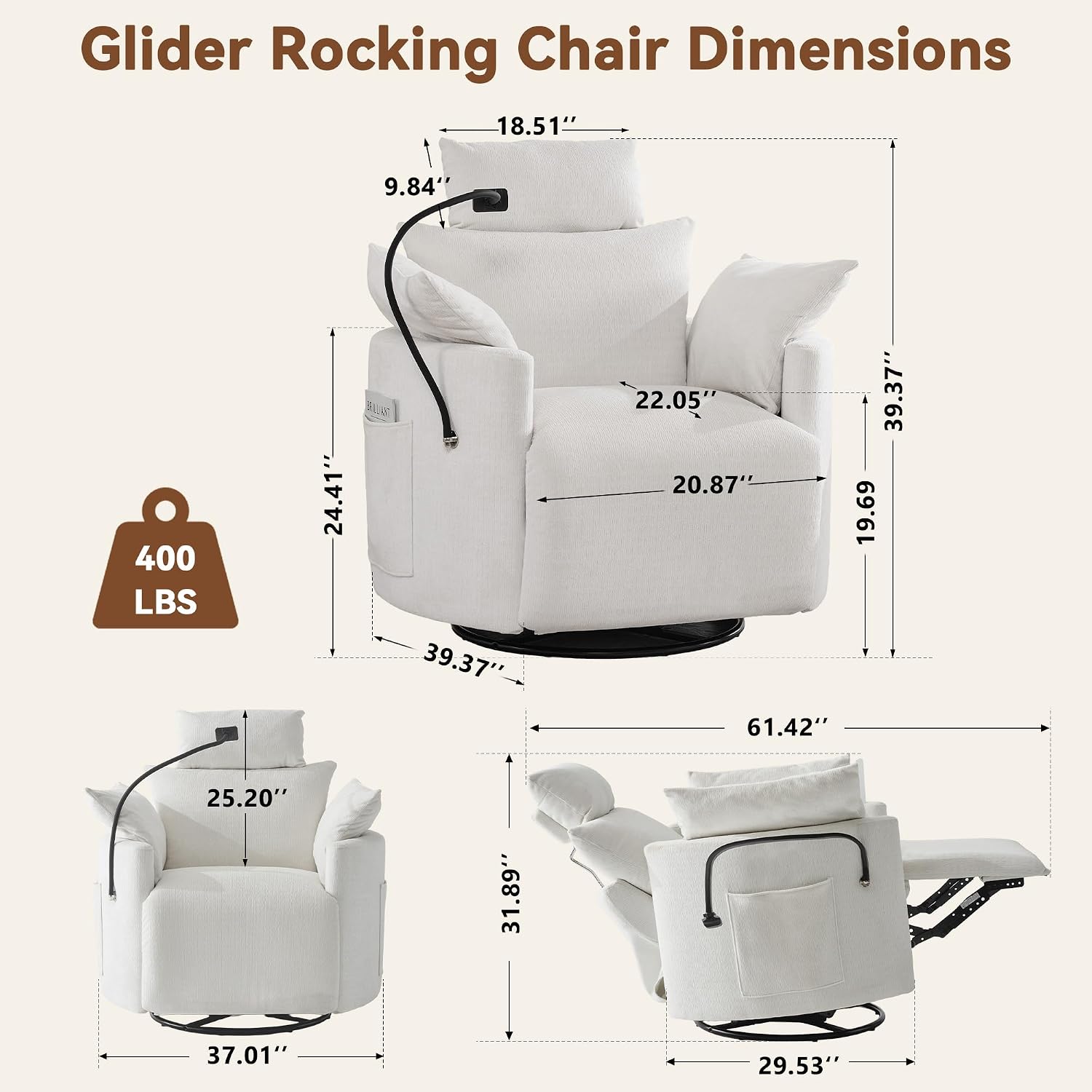 FOXHUNTER 360° Swivel Manual Nursery Rocking Glider Chairs, Chenille White | 30° Rocking Mode, with USB Charging Port and Phone Holder,Adjustable Headrest,2 Cushions, 2 Side Pockets, Footrest