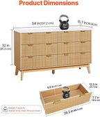 VEVOR Fluted 6 Drawer Dresser, 54" Wide Chest of Drawers with Faux Marble Top, Modern Dresser TV Stand, Wooden Closet Clothes Storage Organizer for Bedroom, Living Room, Hallway, Entryway, Natural Oak