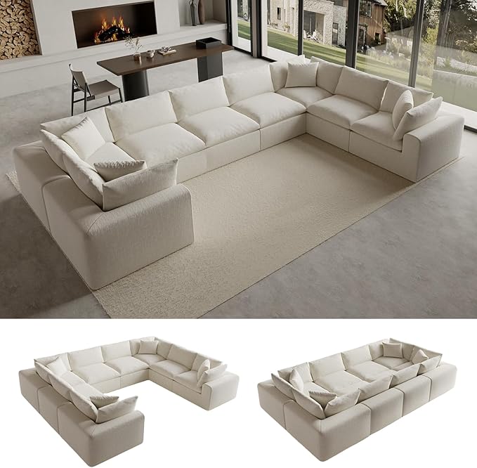 189" Oversized Boneless Cloud Couch, Modular Sectional Couches for Living Room, L-Shaped with Deep Seats, No Assembly Required, 8-Seater Washable Fabric Sleeper Sofa, White