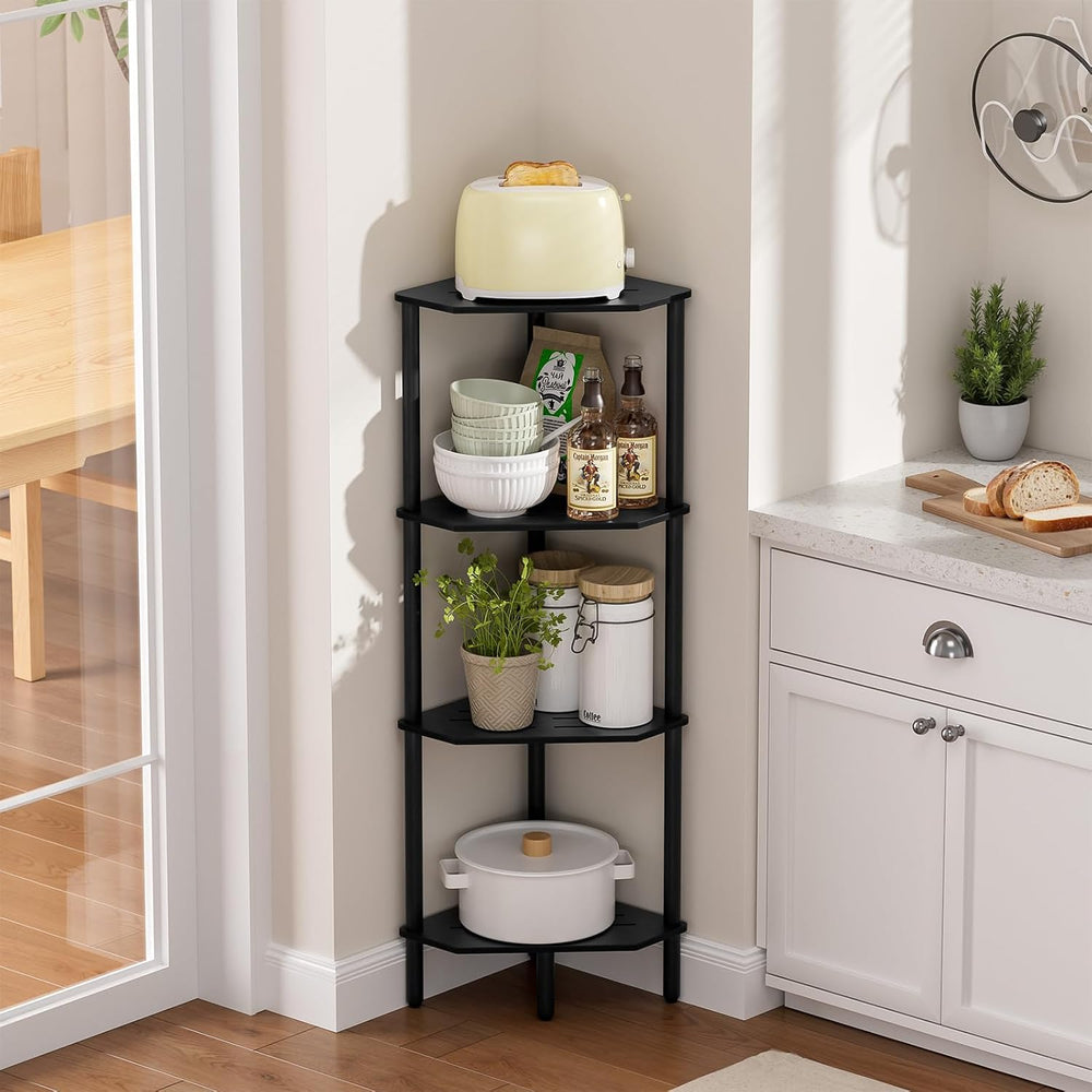 Corner Shelf Stand, 4 Tier Corner Bookshelf, Bamboo Storage Standing Shelf Un...