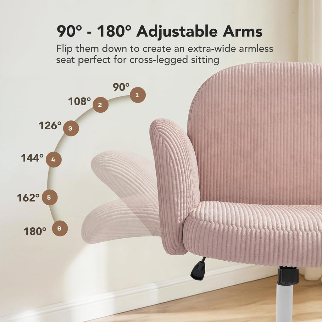 HUANUO Criss Cross Office Chair for Women, Cross Legged Desk Chair with Adjustable Armrests, Soft Corduroy Fabric for Small Spaces, Petite Home Office Computer Chair for Girls, Pink