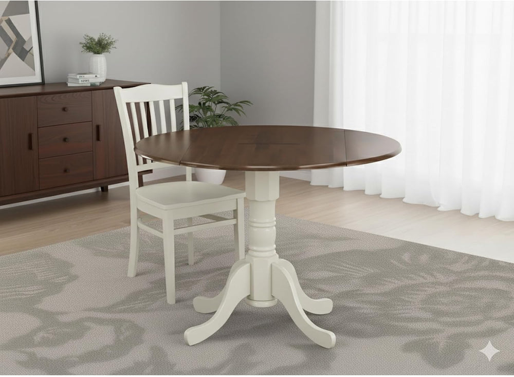 CARTESIAN Round Drop Leaf Dining Table, Walnut and White, Solid Wood, 42 Inch...
