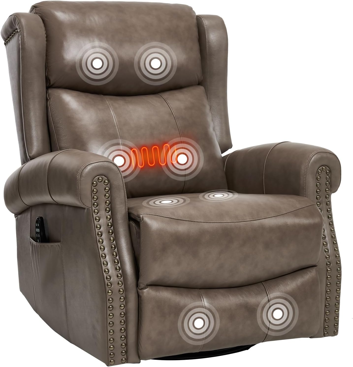 PELUMY Genuine Leather Swivel Rocking Recliner Chair for Adults, 360° Swivel Glider Rocker with Heat & Vibrating Massage, Lounge Chair for Living Room, Bedroom, Nursery Grey