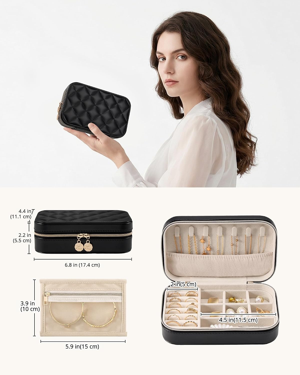 Lolalet Travel Jewelry Case for Women Girls, PU Leather Jewelry Organizer with Clear Storage Bag Small Portable Jewelry Box for Necklace Bracelet Earring Ring Birthday Bridesmaid Gifts -Medium/Black