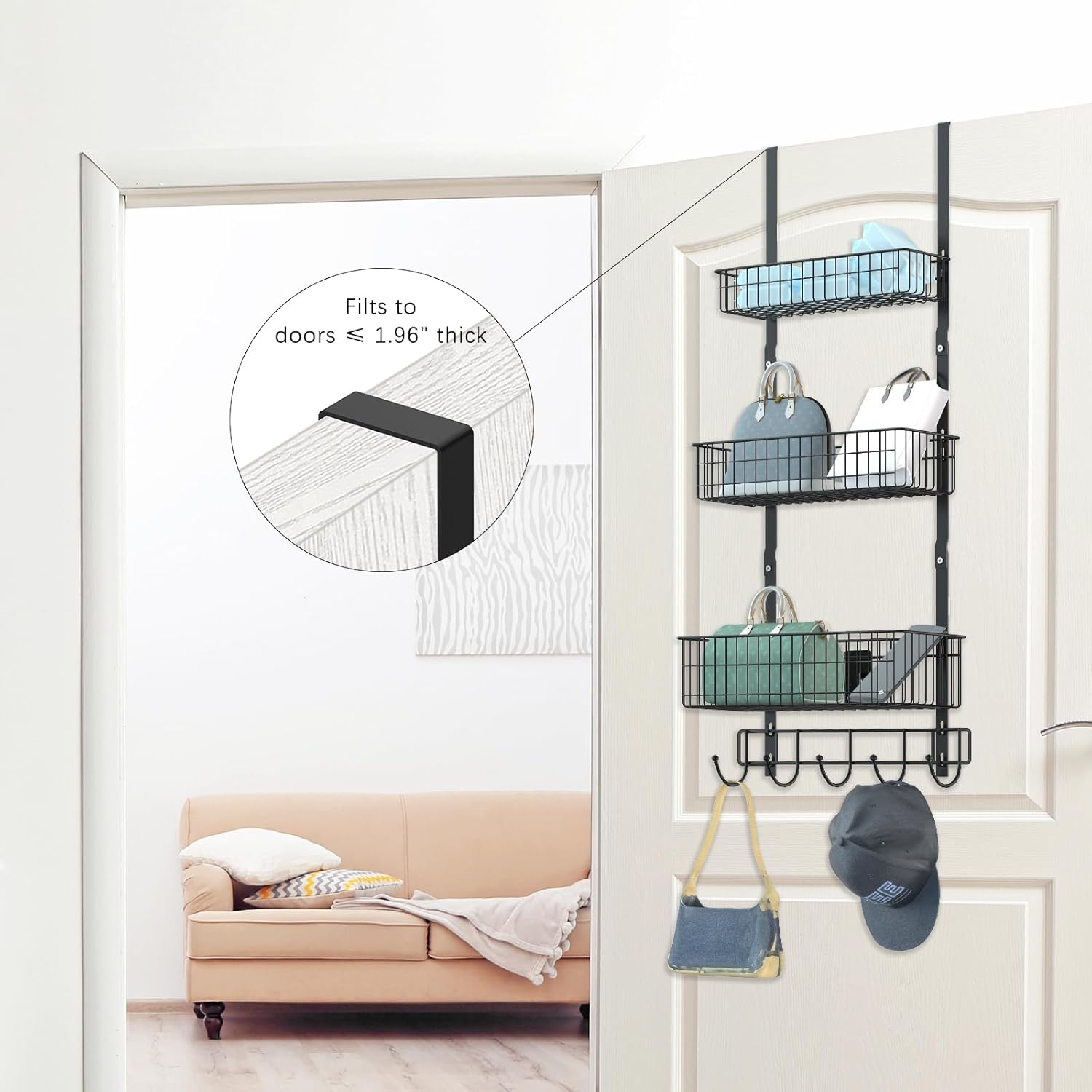 CADUKE Black Over The Door Organizer Over The Door Hooks with Basket Storage Door Towel Racks for Bathroom Door Storage Rack with 5 Hooks 3-Tier Door Hanger Basket for Kitchen