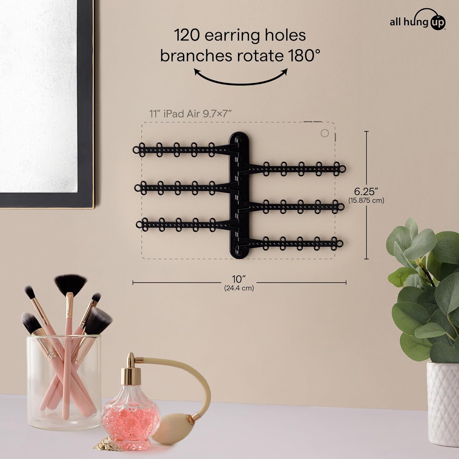 6-Tier Hanging Wall Jewelry Organizer, Earring, Necklace, Ring Holder-Black | Large Capacity with 120 Earring Holes, Rotating Branches, Includes 3M Command Strips, Bracelet, Ring & Necklace Storage