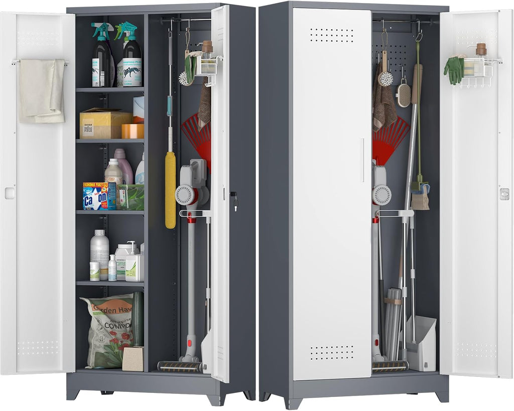 Broom Storage Cabinet, Metal Cabinet with Shelves and Hanging Rod, 72.8" Utility Cabinets with Locking Door, Tall Cleaning Storage for Kitchen, Pantry, Office, Shop, Garage
