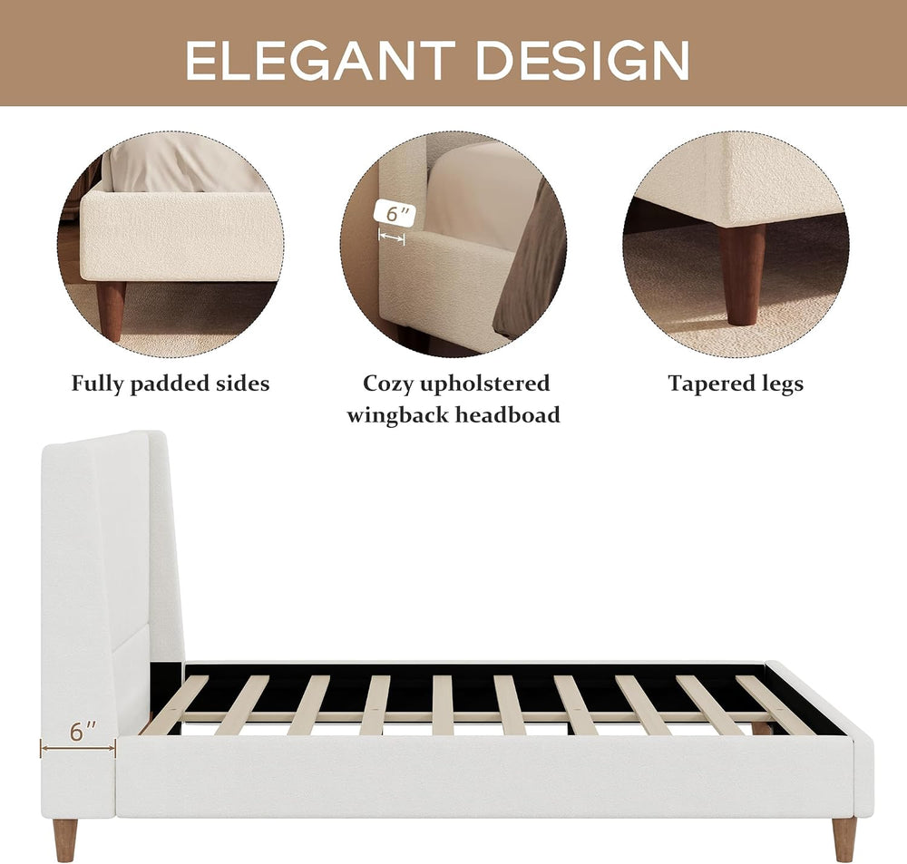 Modern Boucle Upholstered Platform Bed, with Wingback Headboard and Walnut Wo...