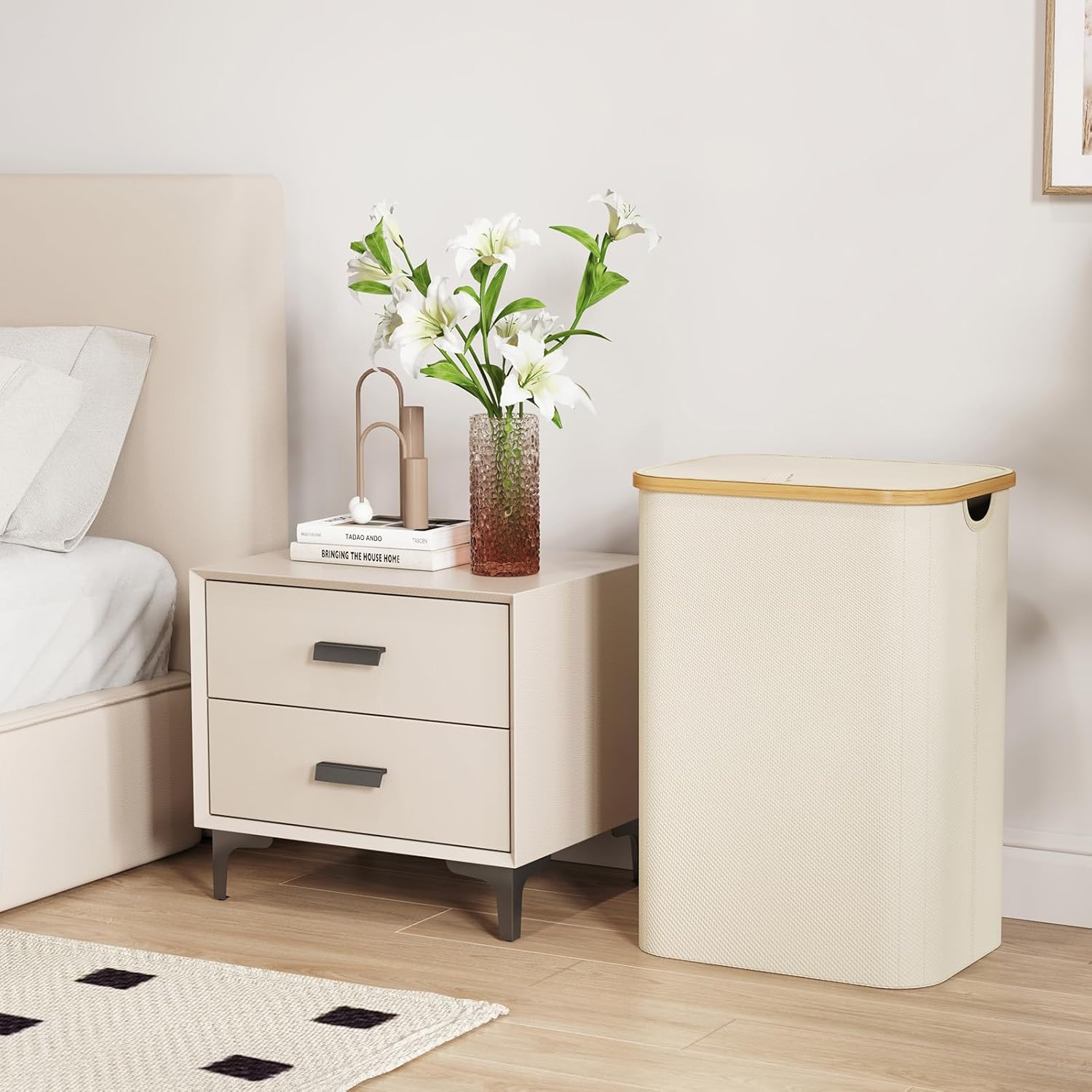 Lifewit 80L Laundry Basket with Lid, Clothes Hampers with Bamboo Handles and A Removable Laundry Bag, Large Foldable Hamper for Bedroom, Bathroom, Dorm, LaundryRoom, White