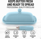 Zulay Kitchen Butter Dish With Lid For Countertop - Porcelain White, Ceramic Butter Dish with Knob Handle Great for Cooking - Elegant Design Butter Holder - Durable & Sturdy Butter Keeper - Light Blue