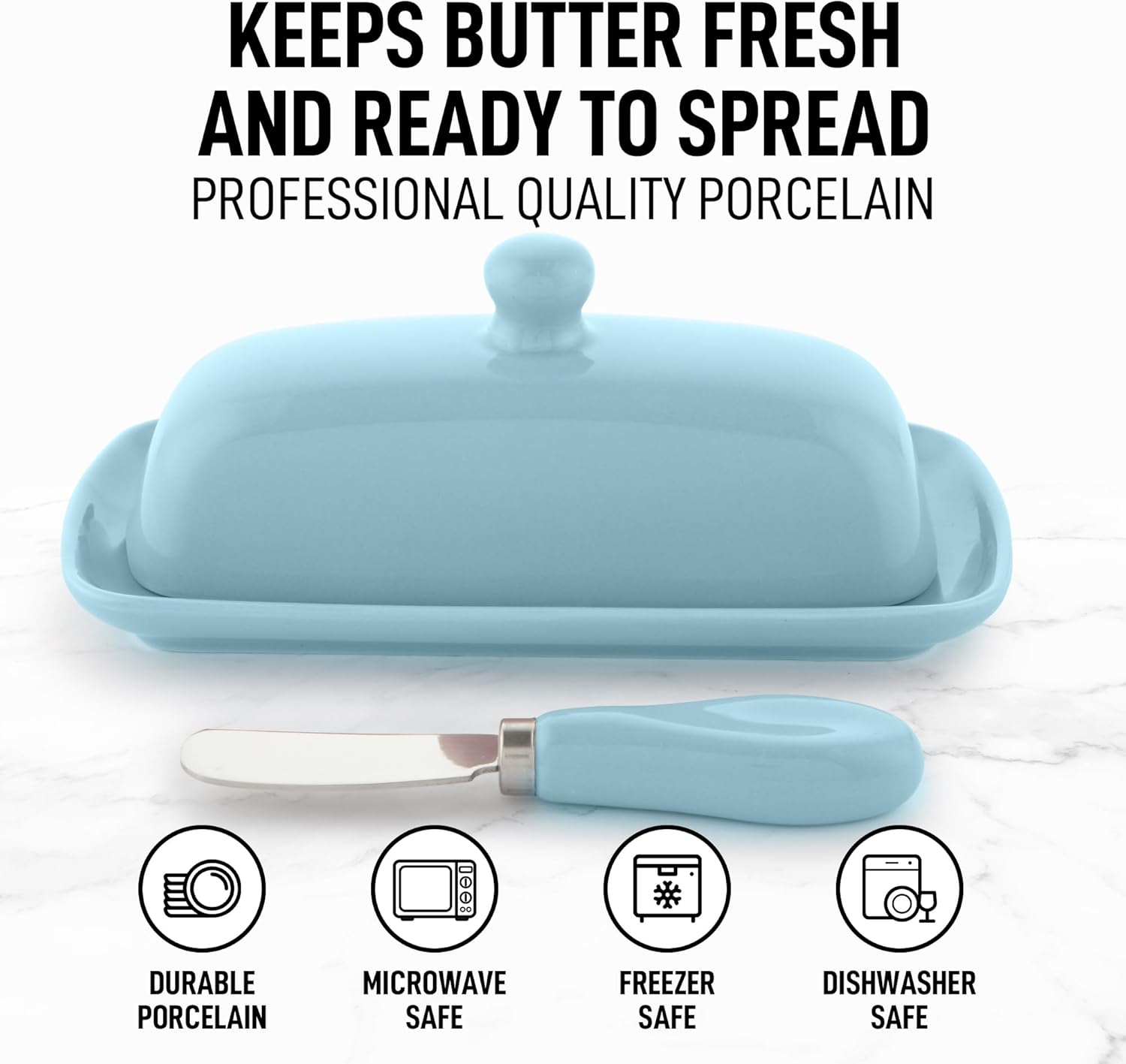 Zulay Kitchen Butter Dish With Lid For Countertop - Porcelain White, Ceramic Butter Dish with Knob Handle Great for Cooking - Elegant Design Butter Holder - Durable & Sturdy Butter Keeper - Light Blue