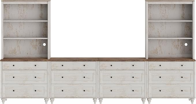 WAMPAT Entertainment Center with Bookshelves for TVs up to 75", Farmhouse Wall Unit TV Stand with Drawers, Media Console Table for Living Room, Bedroom & Home Theater, Rustic White