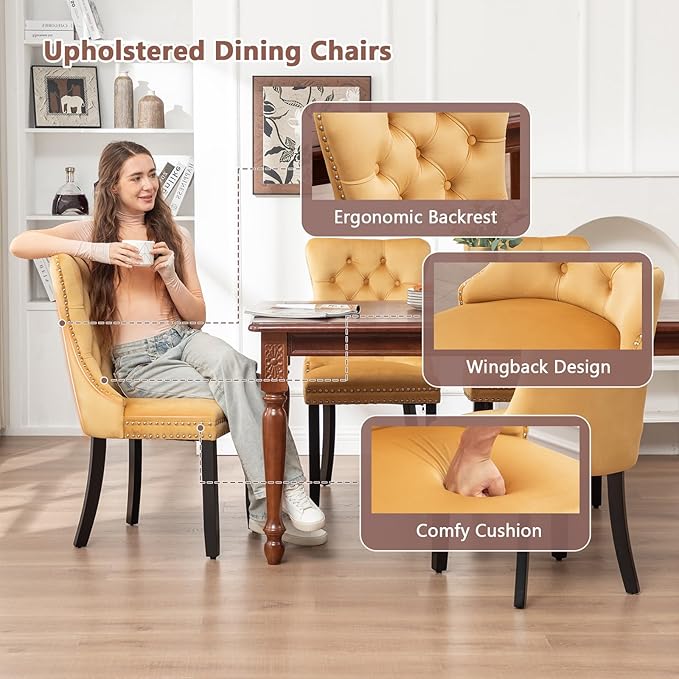 Velvet Dining Chairs Set of 2, Tufted Dining Room Chairs with Nailhead Ring Pull Trim, Upholstered Dining Chairs with Solid Wood Legs for Kitchen Dining Room (Gold)