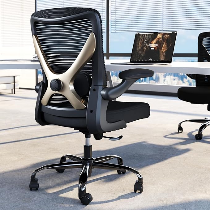 Ergonomic Office Chair - X-Shaped Computer Desk Chair Comfy, Gaming Chair, Office Chair with Lumbar Support, Mesh Office Chairs, Desk Chair for Long Hours(Black Gold)