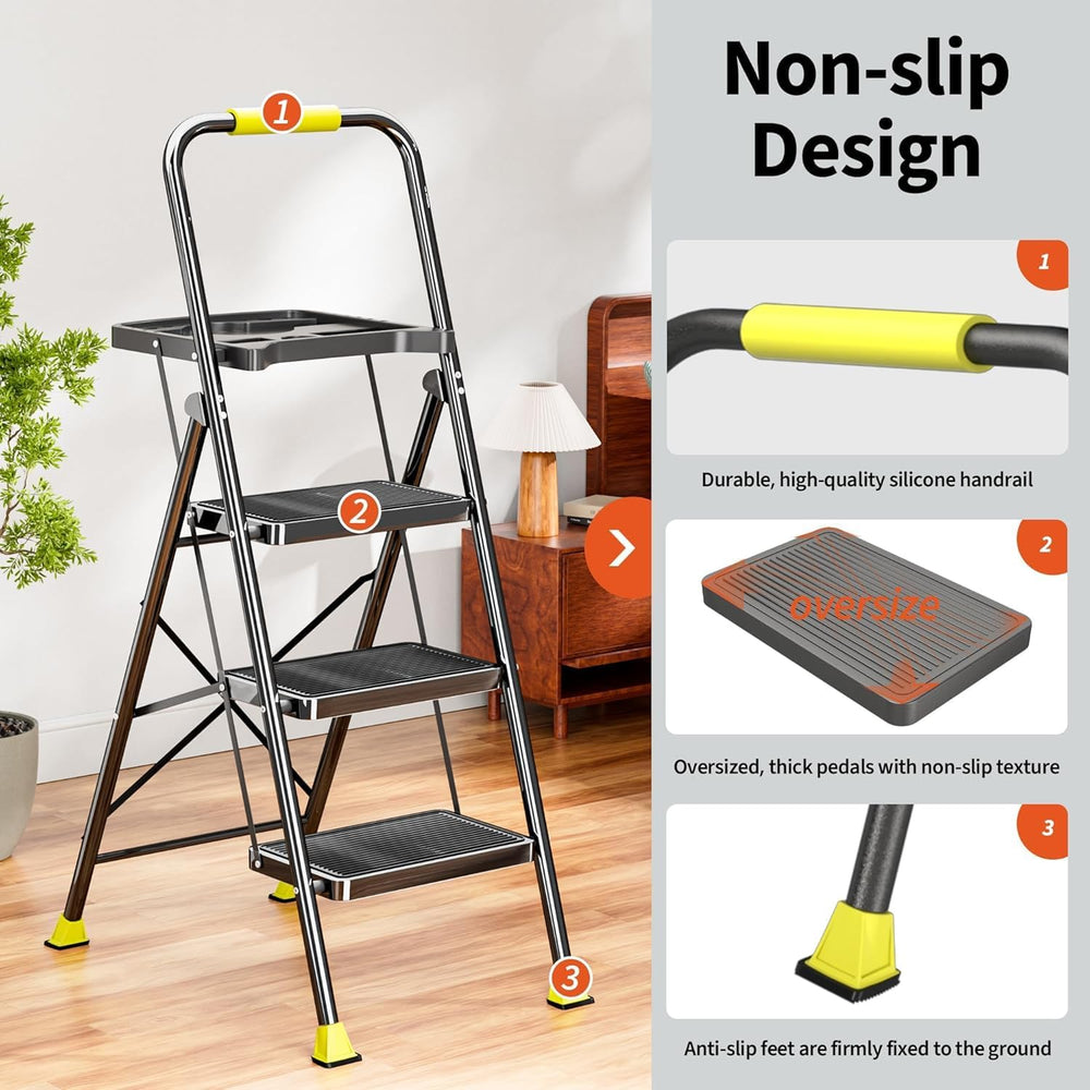 3 Step Folding Ladder, 600lbs Capacity Steel Stool with Tool Platform, Wide A...