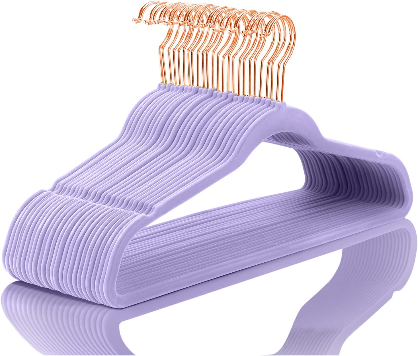 MIZGI Premium Velvet Hangers (60 Pack) Heavy Duty - Non Slip Felt Hangers - Velvet Suit Hanger Light Purple - Rose Gold Hooks,Space Saving Clothes Hanger