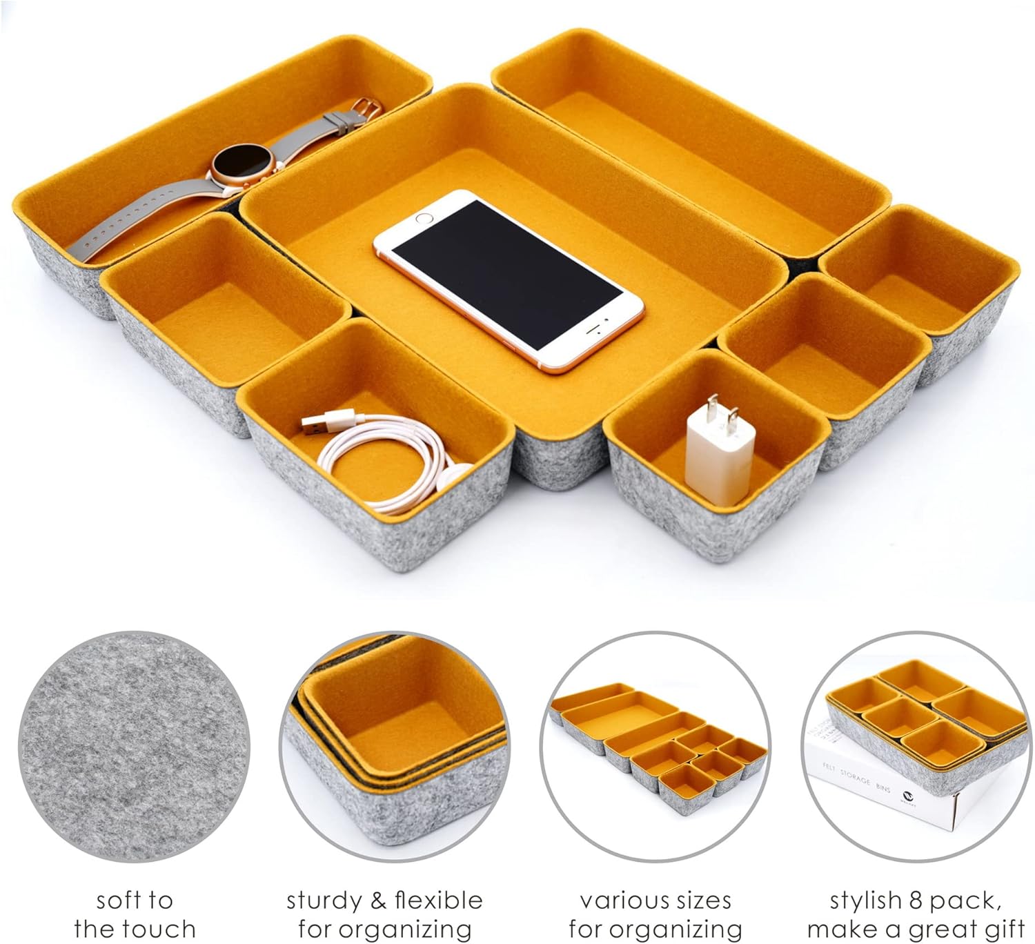 Welaxy desk drawer organizers tray felt storage bin for office suppliers entryway catchall key holder makeup crafts pens decluttering 8-piece fall gift (Curry)