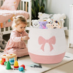 Large Baby Laundry Hamper, Pink Bow Laundry Basket for Baby Girl, Toy and Blanket Storage Basket for Nursery and Playroom, Cotton Rope Hamper for Kids, 17.7"x15.7"