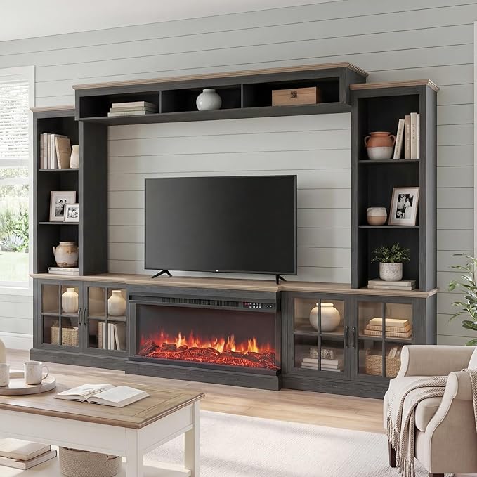 Black 98” Farmhouse TV Stand with Fireplace, Entertainment Center, Wall Unit Media Console with Bookshelf, Cabinet & Power Outlets & Barn Doors, Fits TVs Up to 75” for Living Room