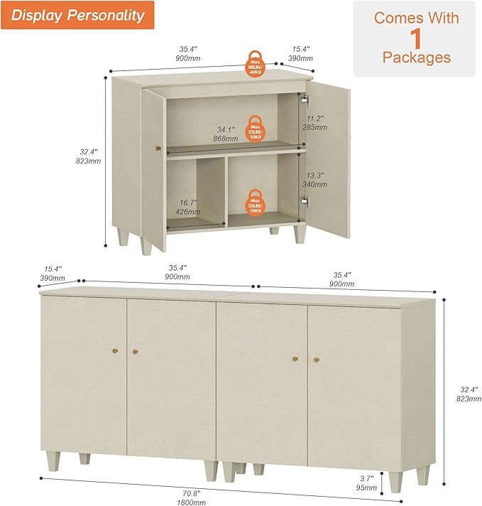 WAMPAT TV Stand Cabinets for TVs up to 75 Inches, 2-in-1 Wood Entertainment Center with Doors and 6 Compartments, 70.8" Modern Media Console Table with Storage for Living Room Bedroom, Beige Linen