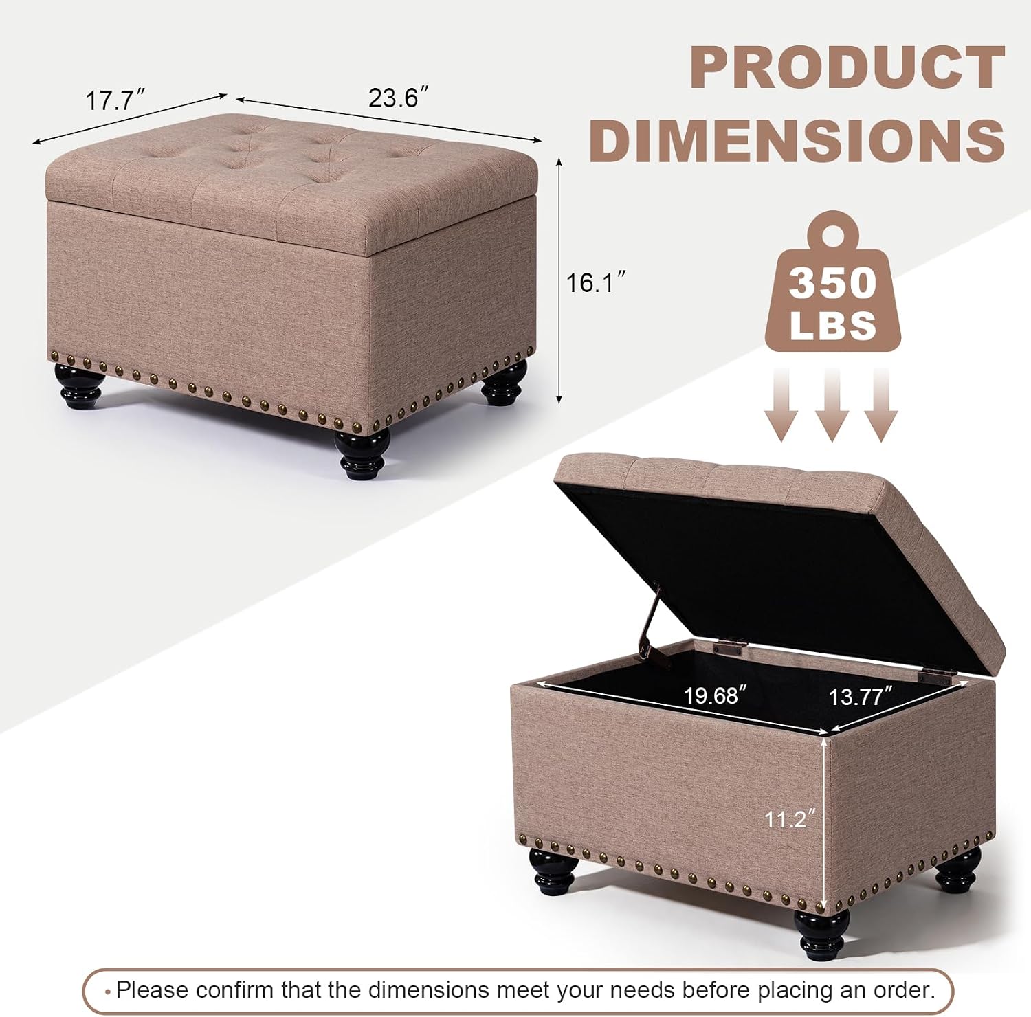 Ottoman with Storage, Fabric Ottoman Foot Rest 24" Rectangle Tufted Foot Stools Ottomans with Hinged Lid Upholstered Button Ottomans for Bedroom Living Room Entryway, Taupe