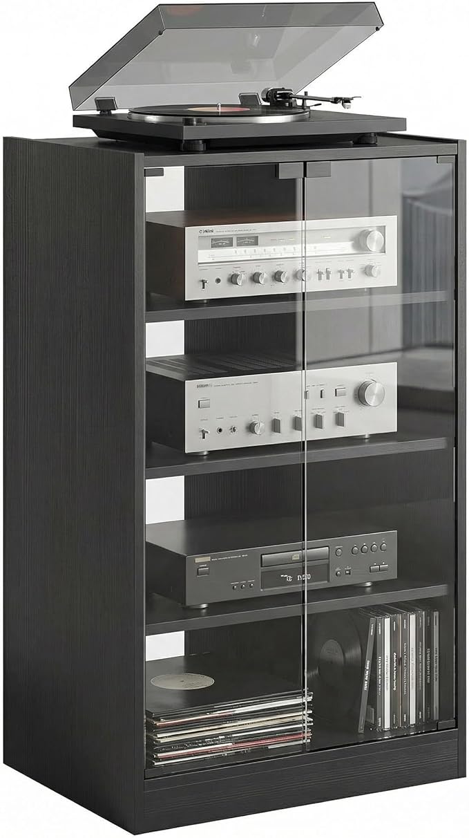 HOMCOM Media Cabinet, 4-Tier Stereo Cabinet for Vinyl Record Player, Gaming Console, AV Record Player Stand with Adjustable Shelves, Push-to-Open Glass Doors and Cable Management, Distressed Black