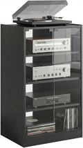 HOMCOM Media Cabinet, 4-Tier Stereo Cabinet for Vinyl Record Player, Gaming Console, AV Record Player Stand with Adjustable Shelves, Push-to-Open Glass Doors and Cable Management, Distressed Black