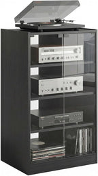HOMCOM Media Cabinet, 4-Tier Stereo Cabinet for Vinyl Record Player, Gaming Console, AV Record Player Stand with Adjustable Shelves, Push-to-Open Glass Doors and Cable Management, Distressed Black