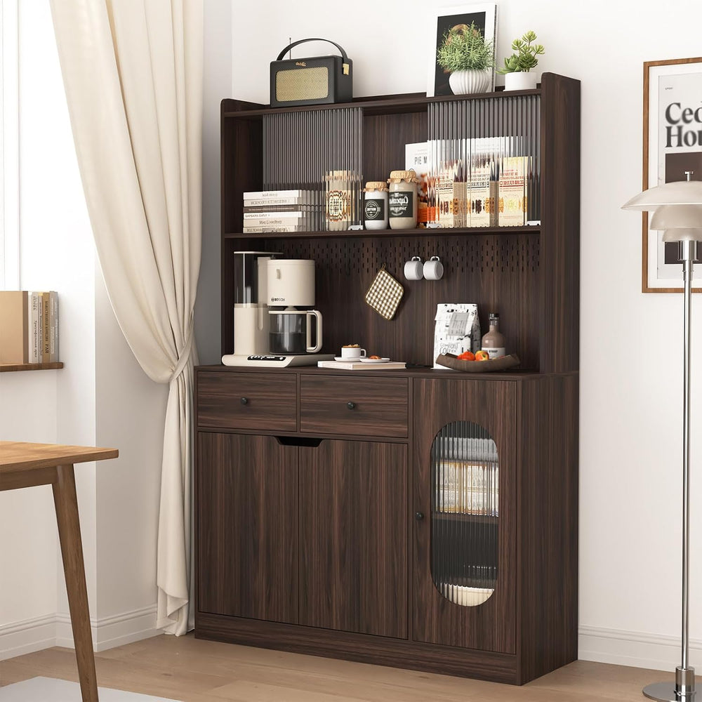 71" Freestanding Kitchen Pantry, Large Dish Storage Cabinet with Fluted ...