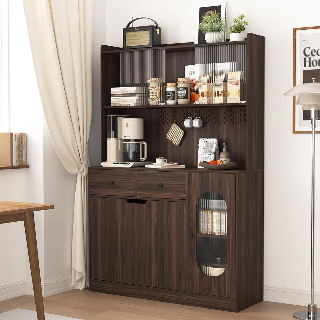 71" Freestanding Kitchen Pantry, Large Dish Storage Cabinet with Fluted Glass Doors and Microwave Stand for Kitchen, Dining and Living Room Walnut