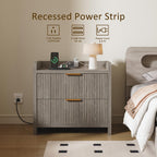 Fluted Nightstand Set of 2, 23.6" Modern Night Stand with Charging Station, Bedside Table with 2 Drawers, Modern Wood Night Stand Set 2 for Bedroom, Living Room, Grey