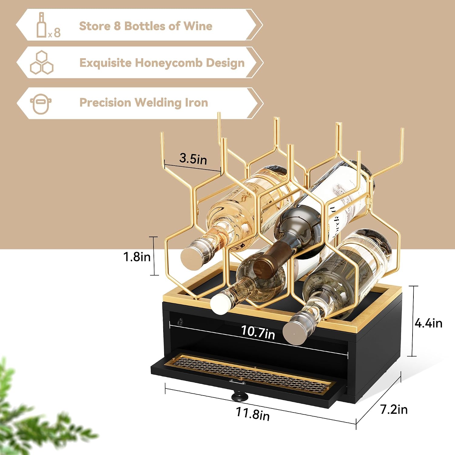 HOLTICO Countertop Wine Rack with Drawer, 8-Bottle Black & Gold Wine Holder | Black Gold Vintage Hexagon Metal Wine Holder and Bottle Rack, Vintage Small Wine Storage Racks for Tabletop, Kitchen, Bar