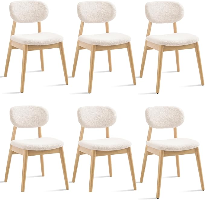 Wooden Dining Chairs Set of 6, Farmhouse Boucle Upholstered Kitchen Chairs, White