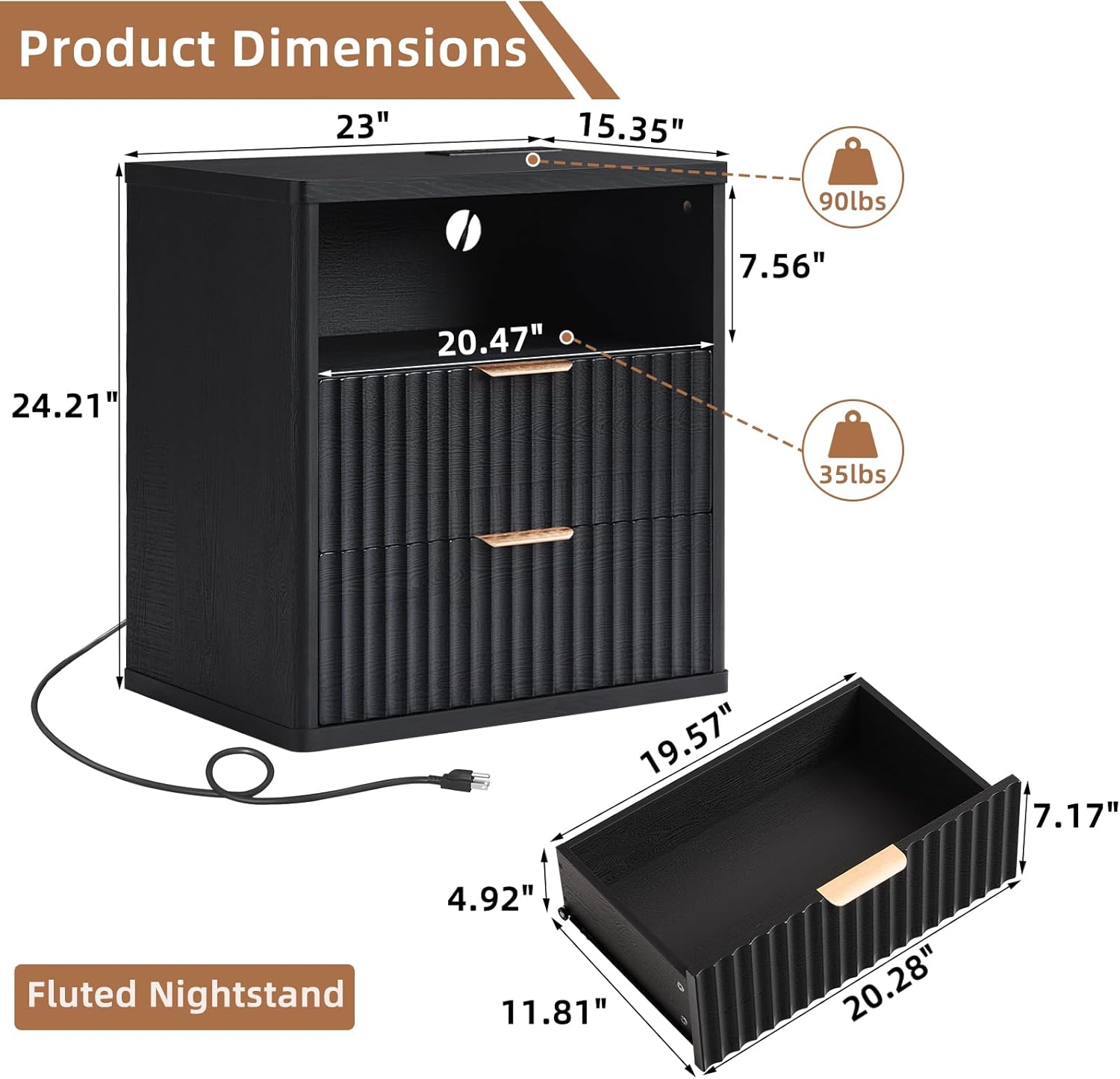 LEYAOYAO Fluted Farmhouse Nightstand Set of 2 with Charging Station, 23" Wide 2 Drawers End Table,Black Dresser for Bedroom,Bed Side Table Chest of Drawers Cabinet,Wood Night Stand for Living Room