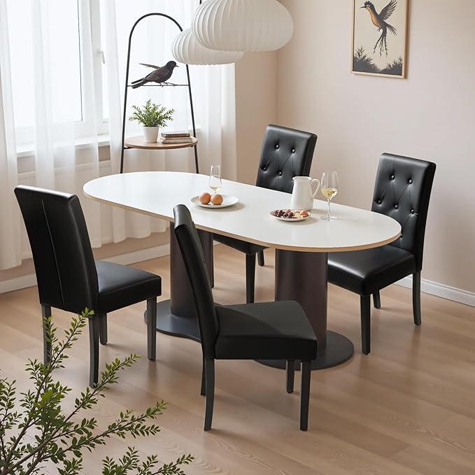 Furmax Upholstered Dining Chairs Set of 4, PU Leather Dinning Room Chairs, Button Tufted Kitchen Chairs with Adjustable Wood Legs for Dining Room/Living Room/Restaurant (Leather Black, 4)