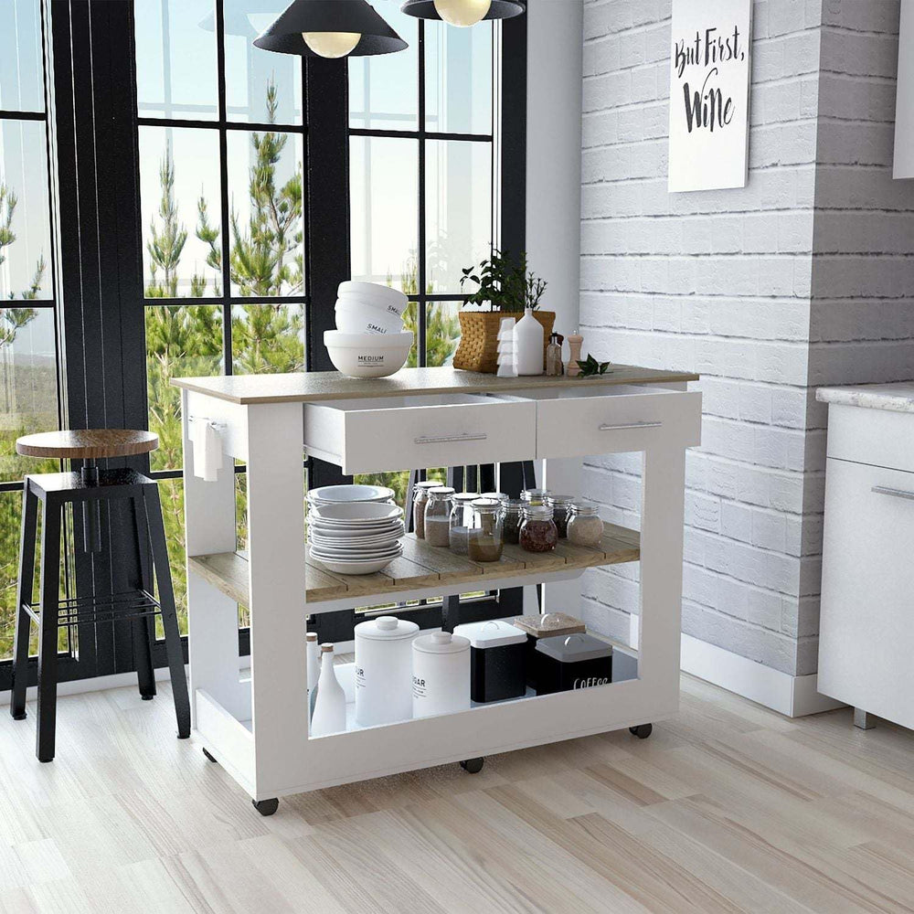 Kitchen Island with Drawers and Shelves, White/Light Oak | Includes two drawe...
