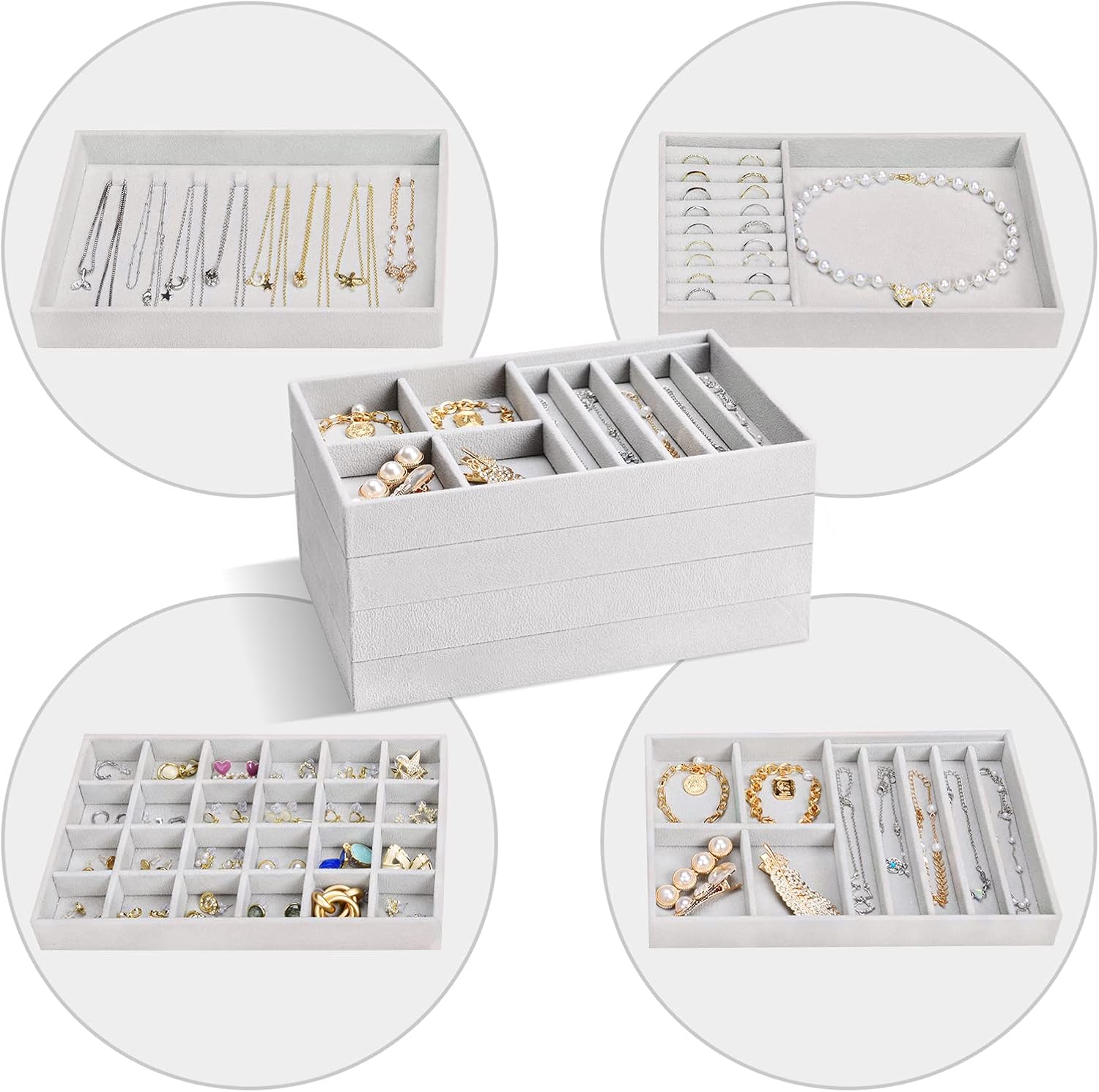 ProCase Stackable Jewelry Organizer Trays for Drawers, Jewelry Drawer Inserts Container Display Case Storage for Earring Necklace Rings Bracelet with Removable Dividers -Grey, 4 Layers