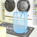 BATTOO Deluxe Strong Mesh Pop up Laundry Hamper Basket with Side Pocket Foldable Hamper for Laundry Room, Bathroom, Kids Room, College Dorm or Travel Light Blue