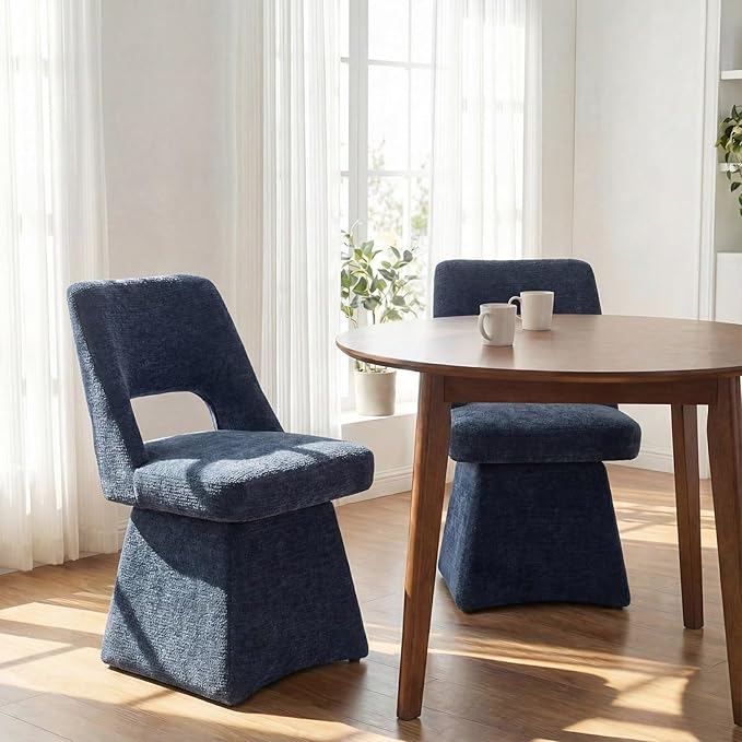 VKNOW Upholstered Swivel Dining Chairs Set of 4, Modern Dining Room Chairs with Open Back, Chenille Fabric Kitchen Chairs for Dining Room, Living Room, Bedroom, Vanity, Blue