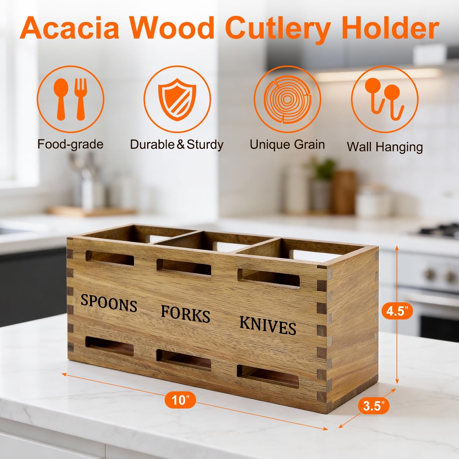 Flatware Silverware Caddy Party Acacia Wood Cutlery Utensil Holder Counter | Small Wooden Cutlery Silverware Organizer Table Spoon and Fork Holder Picnic Utensil Caddy Farmhouse Kitchen Decor