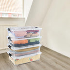 25 L Plastic Sturdy Rolling Under Bed Storage Container Bins, Clear Underbed Storage with Latching Lid and Wheels, 4 Packs