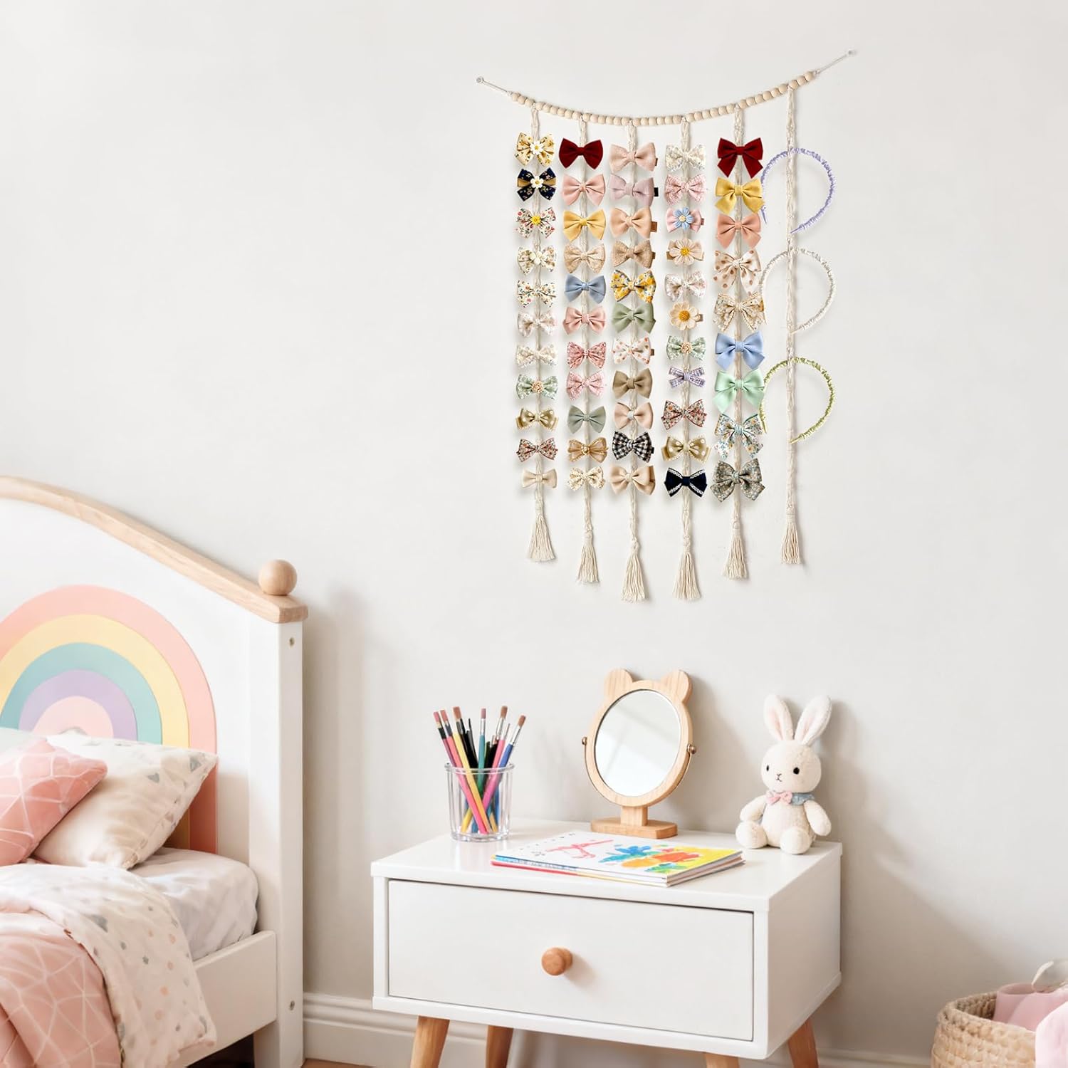 Dahey Macrame Bow Holder Hanging Hair Bow Organizer for Baby Girls Boho Wall Decor Handmade Headband Holder with wood beads Storage Hair Clips for Baby Nursery Room,1 PCS, Clips and Bows Not Included